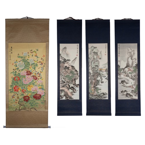 351 - FOUR 20TH/21ST CENTURY CHINESE HANGING SCROLL PAINTINGS AND PRINTS, to include: 'One Hundred Butterf... 