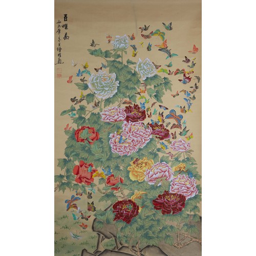 351 - FOUR 20TH/21ST CENTURY CHINESE HANGING SCROLL PAINTINGS AND PRINTS, to include: 'One Hundred Butterf... 