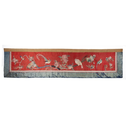 289 - TWO CHINESE SILK EMBROIDERED HANGINGS, 19/20TH CENTURY. To include a large red ground hanging of rec... 