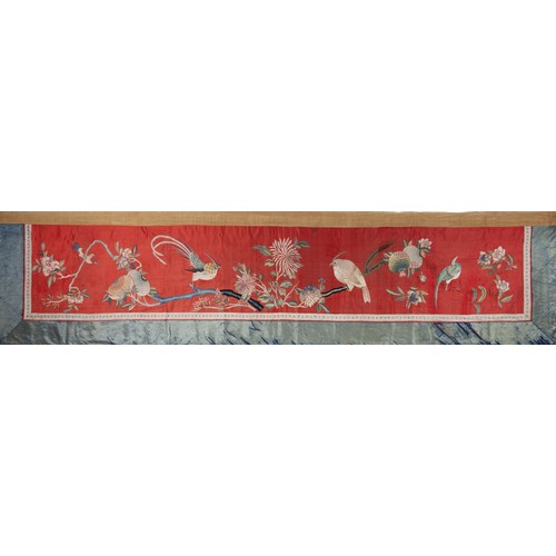 289 - TWO CHINESE SILK EMBROIDERED HANGINGS, 19/20TH CENTURY. To include a large red ground hanging of rec... 