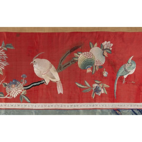 289 - TWO CHINESE SILK EMBROIDERED HANGINGS, 19/20TH CENTURY. To include a large red ground hanging of rec... 