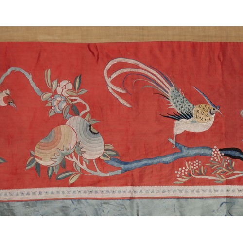 289 - TWO CHINESE SILK EMBROIDERED HANGINGS, 19/20TH CENTURY. To include a large red ground hanging of rec... 