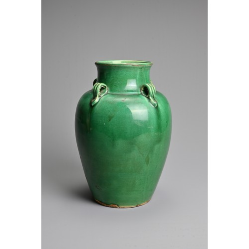 166 - A CHINESE GREEN GLAZED PORCELAIN JAR, 19/20TH CENTURY. Of ovoid form with four lug handles, covered ... 