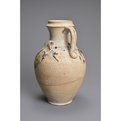 167 - A CHINESE SPLASH GLAZED STONEWARE EWER. Of ovoid form with short spout and twin looped handles to th... 