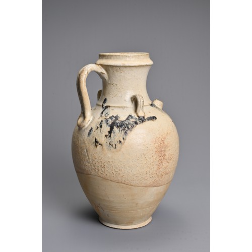 167 - A CHINESE SPLASH GLAZED STONEWARE EWER. Of ovoid form with short spout and twin looped handles to th... 