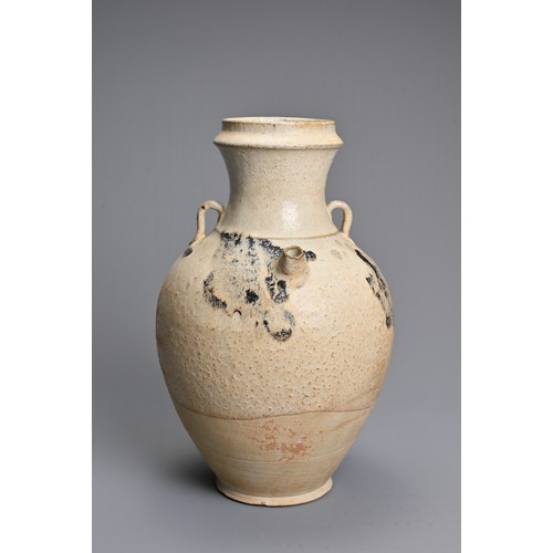 167 - A CHINESE SPLASH GLAZED STONEWARE EWER. Of ovoid form with short spout and twin looped handles to th... 