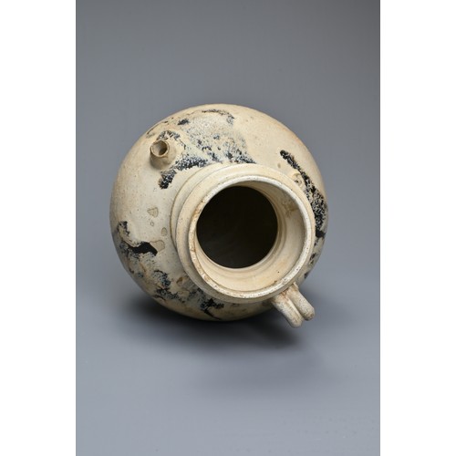 167 - A CHINESE SPLASH GLAZED STONEWARE EWER. Of ovoid form with short spout and twin looped handles to th... 