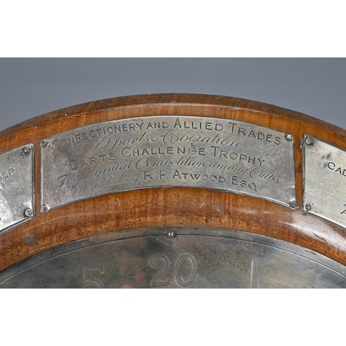 272 - A SILVER DARTBOARD TROPHY, CHARLES S. GREEN & CO, HALLMARKED, BIRMINGHAM 1935. Mounted on an oak bas... 