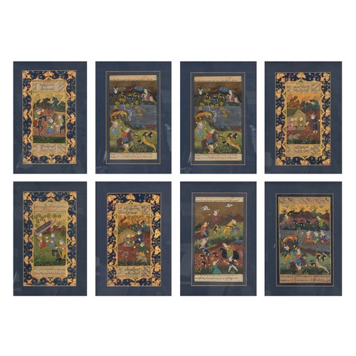 353 - A SET OF EIGHT FRAMED MUGHAL PERSIAN WATERCOLOURS. Depicting various hunting scenes with gilt detail... 