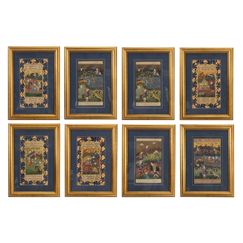 353 - A SET OF EIGHT FRAMED MUGHAL PERSIAN WATERCOLOURS. Depicting various hunting scenes with gilt detail... 