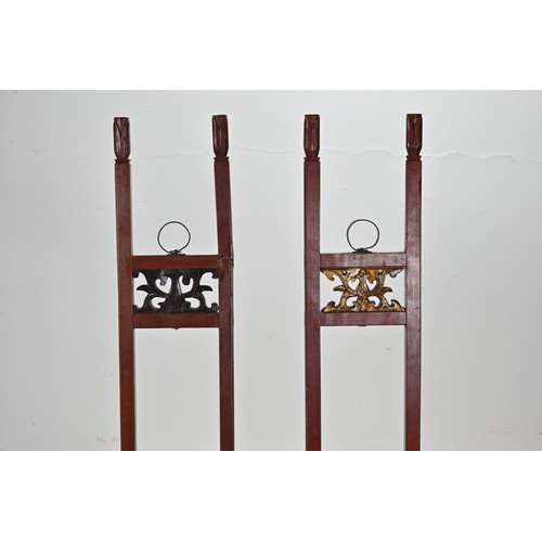 201 - A LARGE PAIR OF CHINESE RED LACQUERED HANGING CANDLESTICK HOLDER STANDS, EARLY 20TH CENTURY. Each ci... 