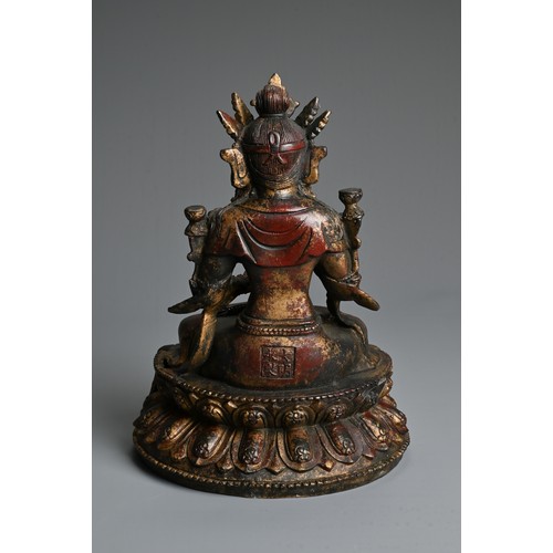 103 - A CHINESE DECORATIVE GILT AND RED LACQUER BRONZE SEATED BUDDHA. Dressed in robes adorned with jewels... 