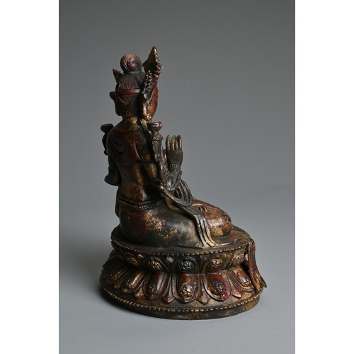 103 - A CHINESE DECORATIVE GILT AND RED LACQUER BRONZE SEATED BUDDHA. Dressed in robes adorned with jewels... 