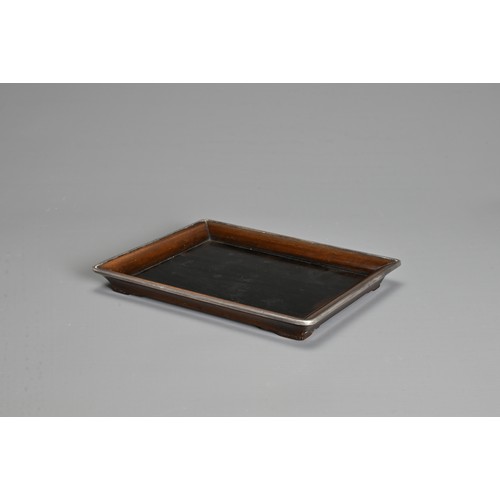 246 - A SMALL JAPANESE HARDWOOD TRAY WITH WHITE METAL RIM, 20TH CENTURY. Of rectangular form with white me... 