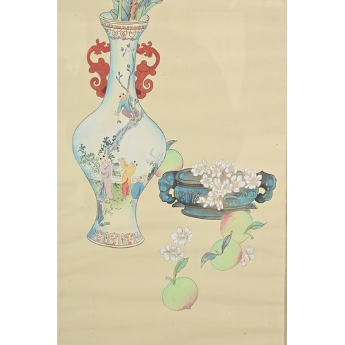 355 - A FRAMED CHINESE WATERCOLOUR ON SILK, 20TH CENTURY. Spring blossoms of peony displayed in a vase nex... 