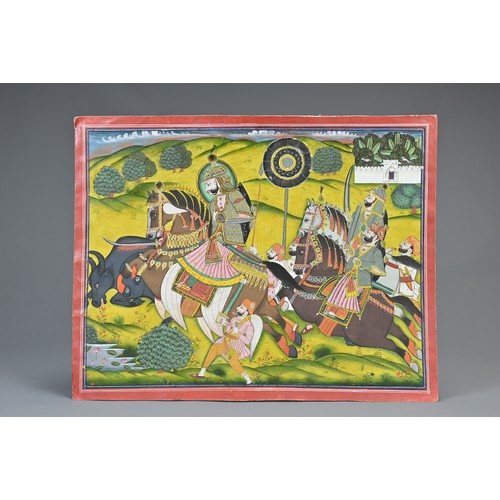 356 - AN INDIAN GOUACHE PAINTING AND GILT WORK OF MAHARAO RAM SINGH II OF KOTA. Depicted on horse back wea... 