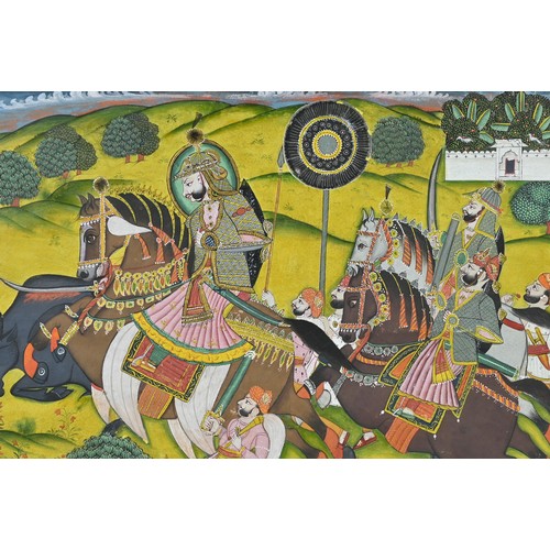 356 - AN INDIAN GOUACHE PAINTING AND GILT WORK OF MAHARAO RAM SINGH II OF KOTA. Depicted on horse back wea... 