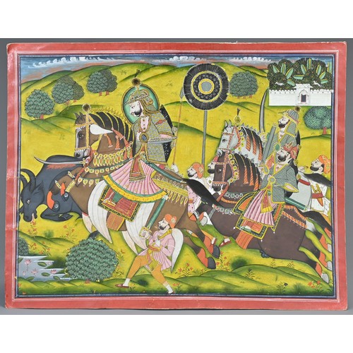 356 - AN INDIAN GOUACHE PAINTING AND GILT WORK OF MAHARAO RAM SINGH II OF KOTA. Depicted on horse back wea... 