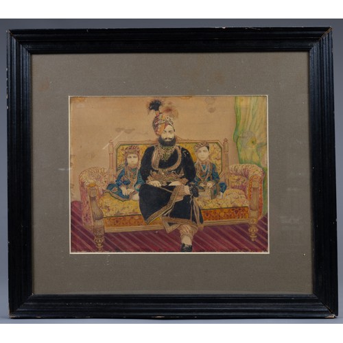 357 - A FRAMED HAND COLOURED AND GILT PRINT OF A FAMILY PORTRAIT DEPICTING THE ROYALS OF ISARDA STATE, RAJ... 