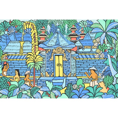 360 - 20TH CENTURY BALINESE UBUD SCHOOL - Large painting depicting a temple scene abundant with trees, gat... 