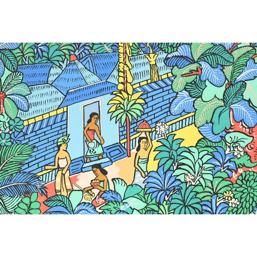 360 - 20TH CENTURY BALINESE UBUD SCHOOL - Large painting depicting a temple scene abundant with trees, gat... 