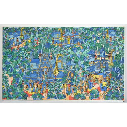 360 - 20TH CENTURY BALINESE UBUD SCHOOL - Large painting depicting a temple scene abundant with trees, gat... 