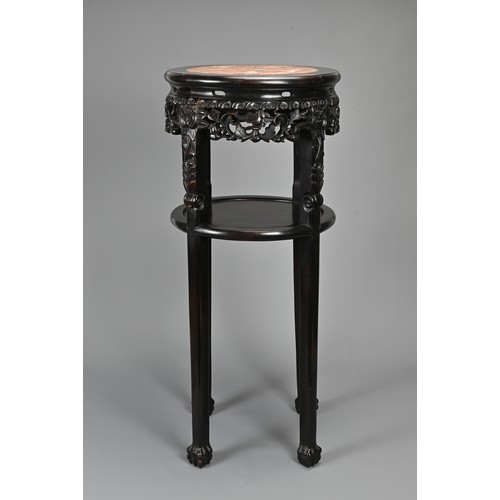 209 - A CHINESE HARDWOOD MARBLE INSERT JARDINIERE STAND, 19/20TH CENTURY. Of cylindrical form on four legs... 