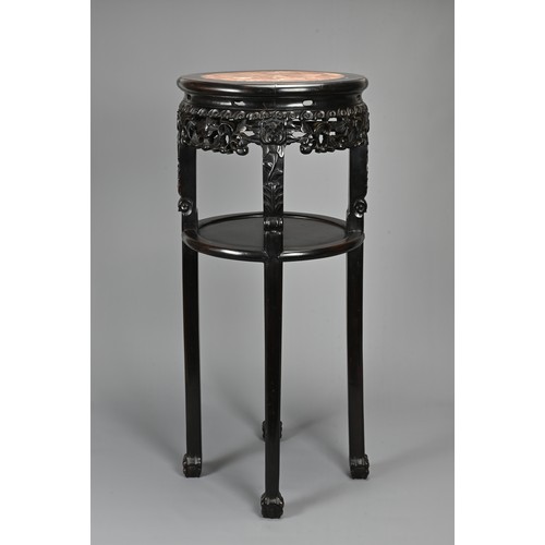 209 - A CHINESE HARDWOOD MARBLE INSERT JARDINIERE STAND, 19/20TH CENTURY. Of cylindrical form on four legs... 