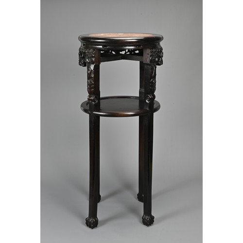 209 - A CHINESE HARDWOOD MARBLE INSERT JARDINIERE STAND, 19/20TH CENTURY. Of cylindrical form on four legs... 