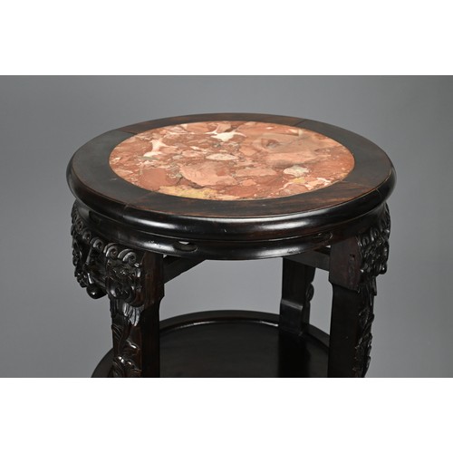 209 - A CHINESE HARDWOOD MARBLE INSERT JARDINIERE STAND, 19/20TH CENTURY. Of cylindrical form on four legs... 