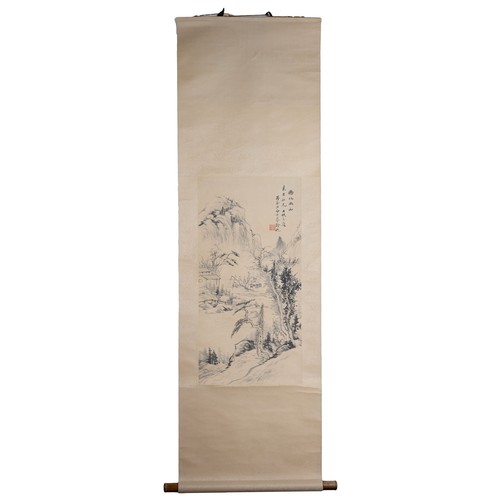 349 - A CHINESE WATERCOLOUR IN SCROLL, ATTRIBUTED TO JIANG YIN, 20TH CENTURY. Ink on paper depicting a mou... 