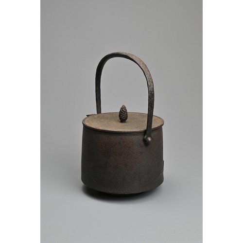 236 - A JAPANESE CAST IRON TEAPOT, EARLY 20TH CENTURY. Of cylindrical form with handle, widening at the ba... 