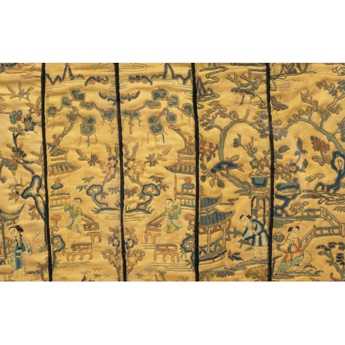 288 - SIX CHINESE SILK EMBROIDERED SLEEVE BANDS, QING DYNASTY, embroidered with peking knot stitch on a go... 