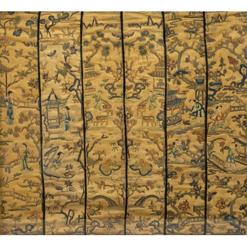 288 - SIX CHINESE SILK EMBROIDERED SLEEVE BANDS, QING DYNASTY, embroidered with peking knot stitch on a go... 