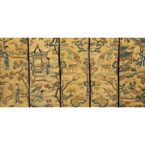 288 - SIX CHINESE SILK EMBROIDERED SLEEVE BANDS, QING DYNASTY, embroidered with peking knot stitch on a go... 