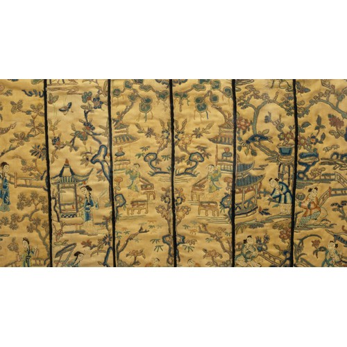 288 - SIX CHINESE SILK EMBROIDERED SLEEVE BANDS, QING DYNASTY, embroidered with peking knot stitch on a go... 