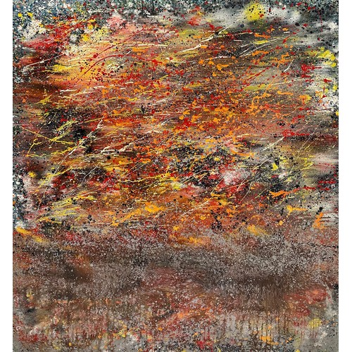 381 - TOM MCINTEE (ADELAIDE) - 'BURNING OFF'. Abstract oil on canvas mounted, in thin metal frame. Unsigne... 