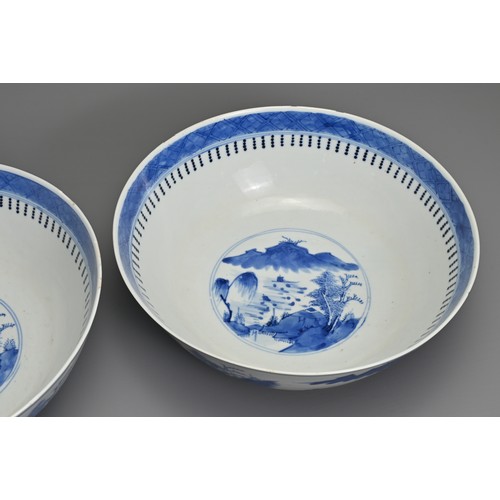 1 - A LARGE PAIR OF CHINESE BLUE AND WHITE PORCELAIN BOWLS, LATE 19TH CENTURY. Each decorated with build... 