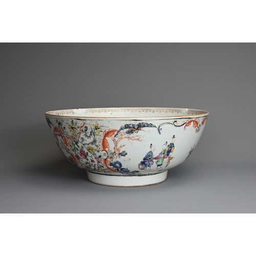 12 - A CHINESE FAMILLE ROSE PORCELAIN PUNCH BOWL, 18TH CENTURY. Decorated with figures in a courtyard sce... 