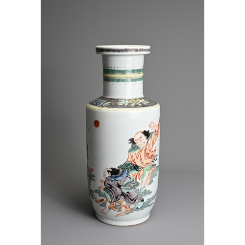 17 - A CHINESE FAMILLE VERTE PORCELAIN ROULEAU VASE, LATE QING DYNASTY. Decorated with Immortals, Liu Hai... 