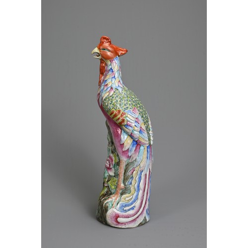 30 - A CHINESE FAMILLE ROSE PORCELAIN MODEL OF A PHOENIX. Modelled standing on a rockwork base with peony... 