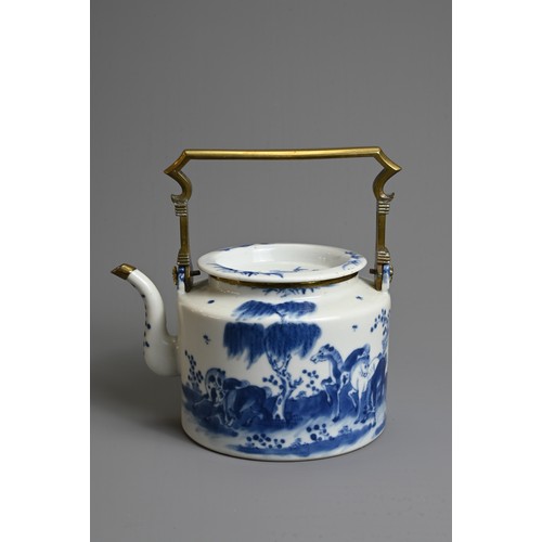 36 - A CHINESE BLUE AND WHITE PORCELAIN TEAPOT, 18/19TH CENTURY. With added brass mounts and handle. Deco... 