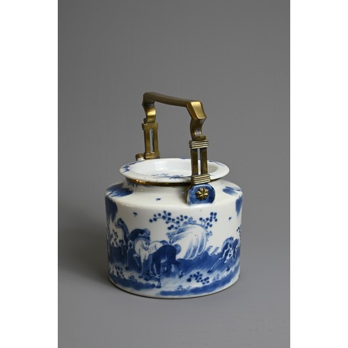 36 - A CHINESE BLUE AND WHITE PORCELAIN TEAPOT, 18/19TH CENTURY. With added brass mounts and handle. Deco... 