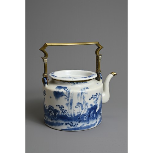 36 - A CHINESE BLUE AND WHITE PORCELAIN TEAPOT, 18/19TH CENTURY. With added brass mounts and handle. Deco... 