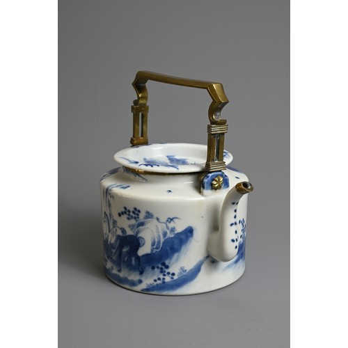 36 - A CHINESE BLUE AND WHITE PORCELAIN TEAPOT, 18/19TH CENTURY. With added brass mounts and handle. Deco... 