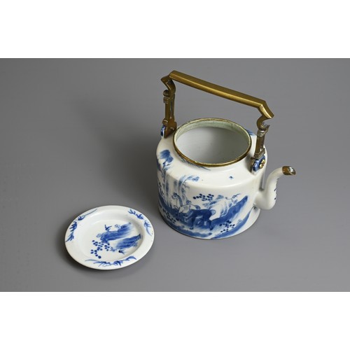 36 - A CHINESE BLUE AND WHITE PORCELAIN TEAPOT, 18/19TH CENTURY. With added brass mounts and handle. Deco... 