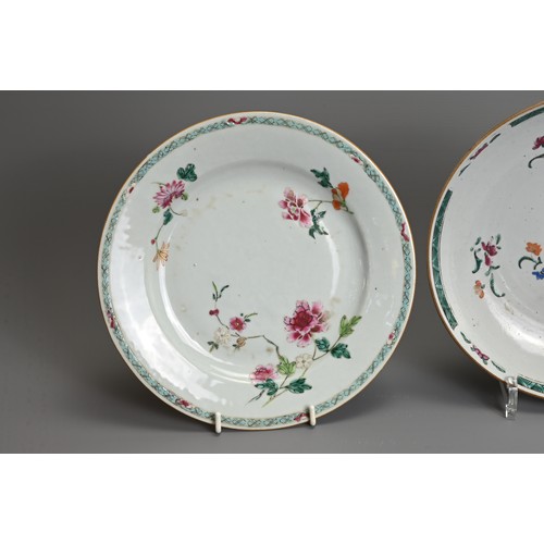 34 - THREE CHINESE FAMILLE ROSE DISHES, 18TH CENTURY. To include a pair of dishes decorated with floral s... 