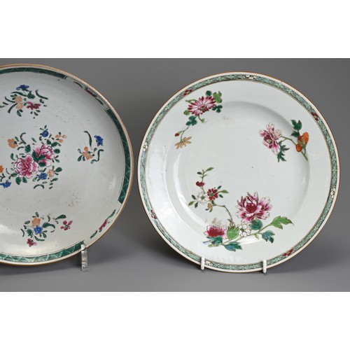 34 - THREE CHINESE FAMILLE ROSE DISHES, 18TH CENTURY. To include a pair of dishes decorated with floral s... 