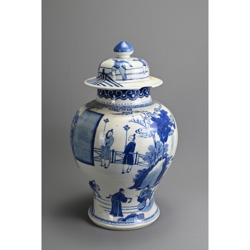 48 - A CHINESE BLUE AND WHITE PORCELAIN JAR AND COVER, 18/19TH CENTURY. Of baluster form decorated with s... 