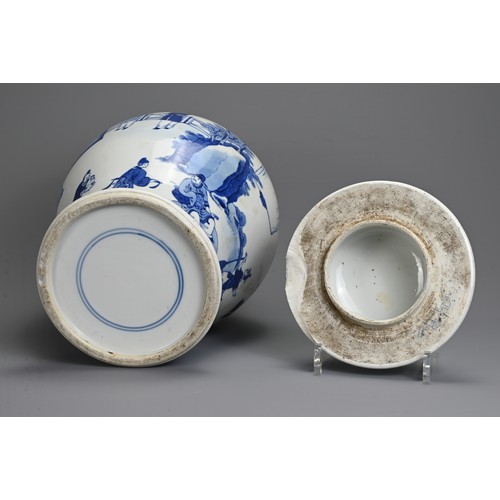 48 - A CHINESE BLUE AND WHITE PORCELAIN JAR AND COVER, 18/19TH CENTURY. Of baluster form decorated with s... 